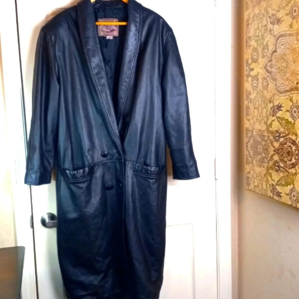 Vintage 80' International Leather Collection Trench Coat Black Button Close SzLg